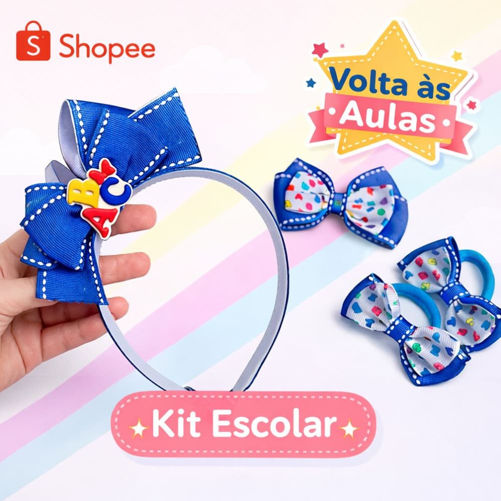 Kit Escolar Infantil Azul – Tiara + Laço Bico de Pato + Par de Xuxinhas | Volta às Aulas Menina
