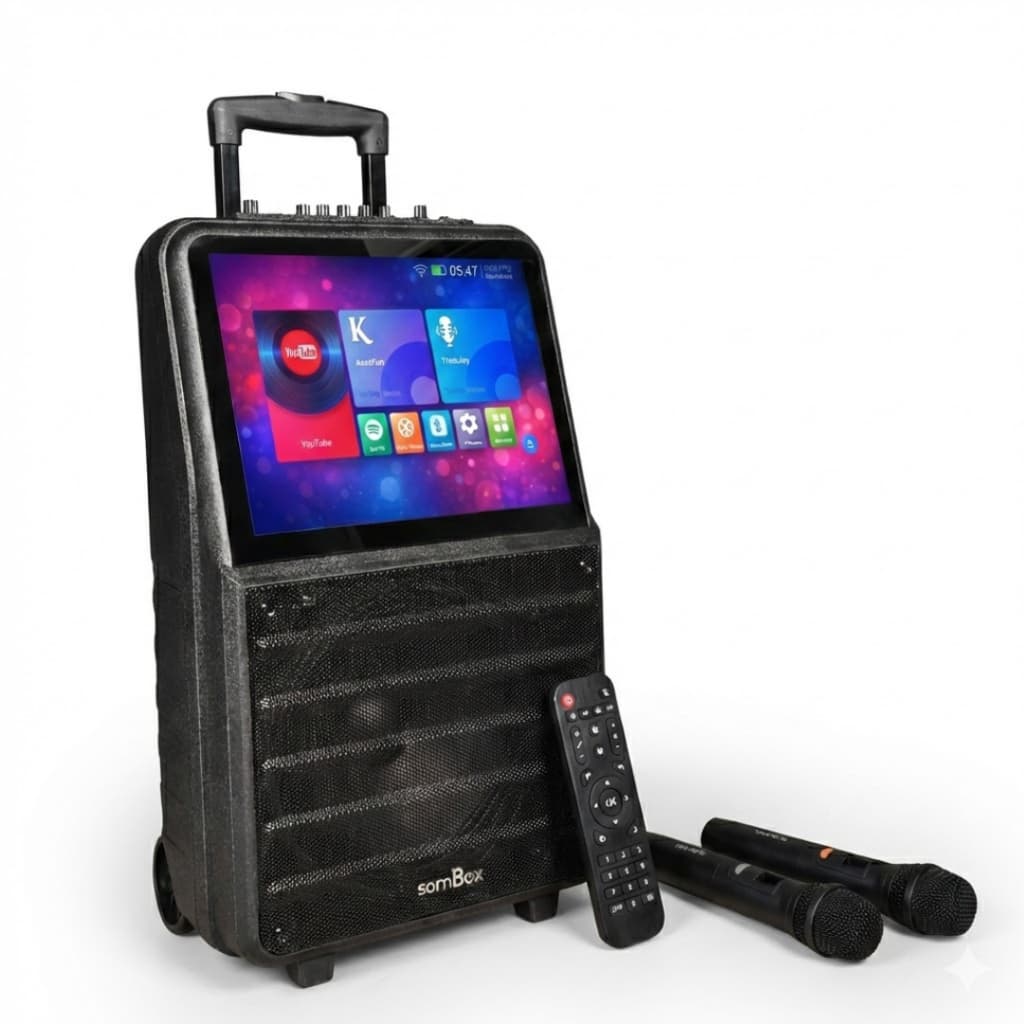 Caixa Torre Som Karaokê Portátil Tela Touch 15.1" Bluetooth Wi-Fi Android 2 Microfones 80W RMS