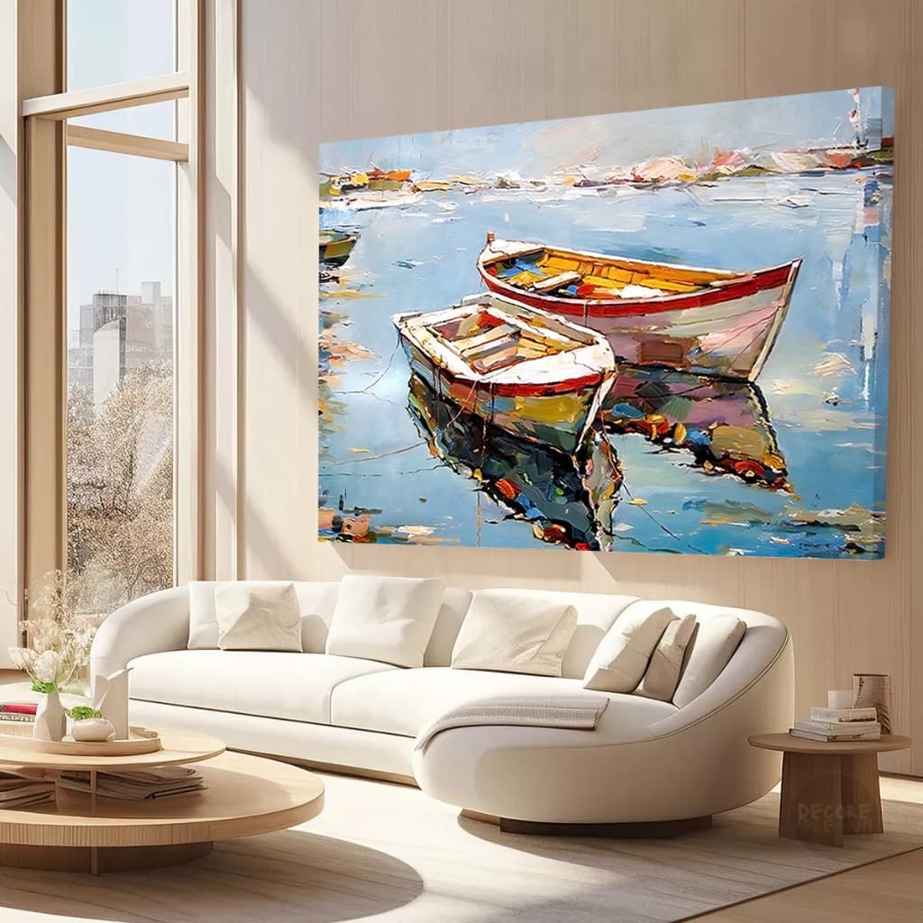 Quadro Decorativo Pintura Barcos no Rio Azul