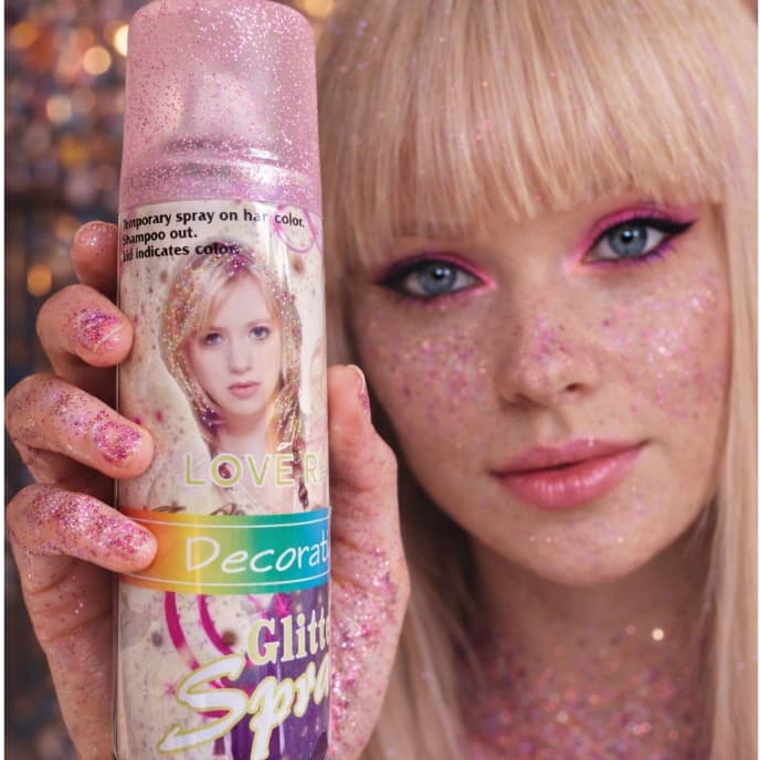 Spray Glitter Rosa modelo Aerosol para Corpo e Cabelo Efeito Brilhante para Festas e Eventos Love Rain