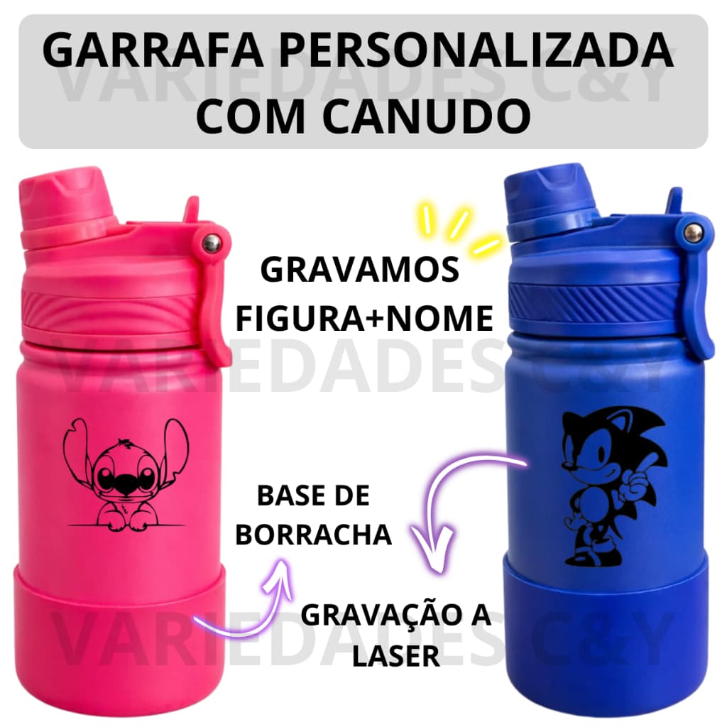 Garrafa de Inox Térmica Personalizada Desenho mais Nome para Criança base de Silicone