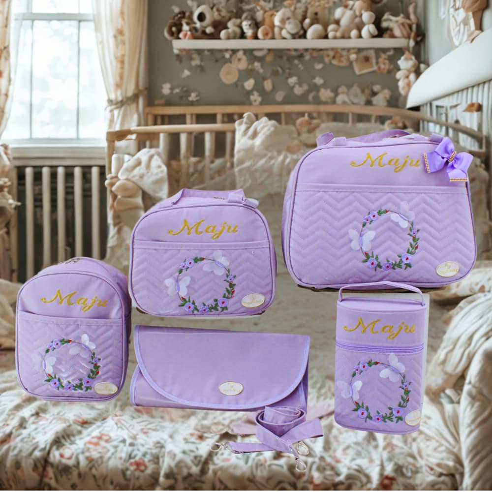 Kit Bolsa Maternidade Borboleta 5 Peças Personalizada Cor:Lilás