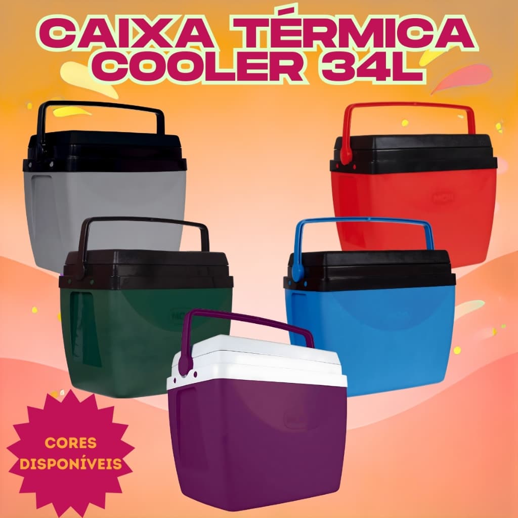 Caixa Térmica Cooler 34 Litros Até 50 Latas Com Alça e Porta Copos Cores