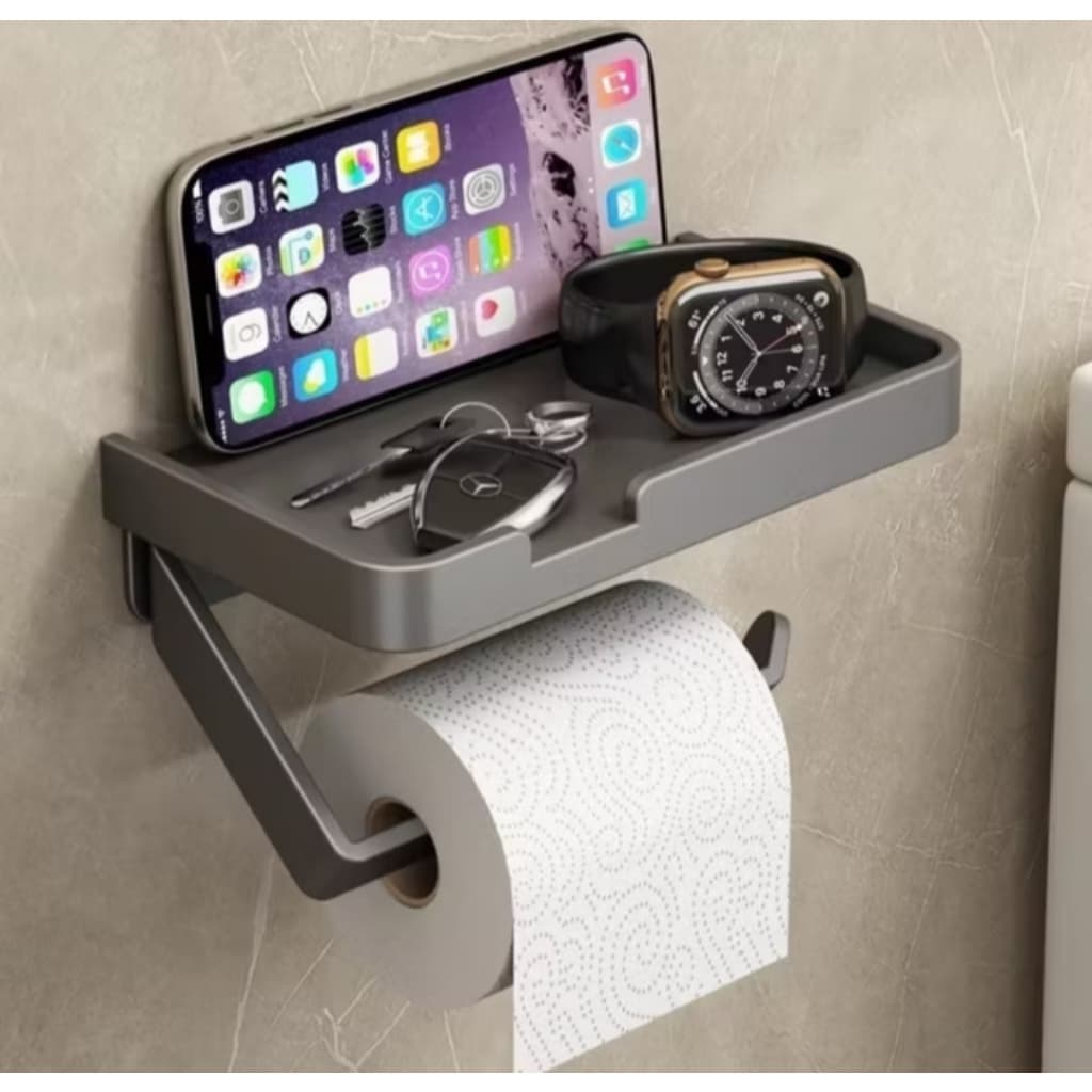 SUPORTE PORTA PAPEL HIGIENICO E PORTA CELULAR PRETO