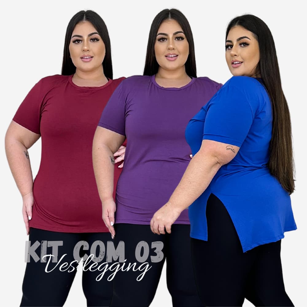 Kit 03 Blusas Femina Vest Legging Plus Size que Estica Tapa Bumbum Academia Camiseta