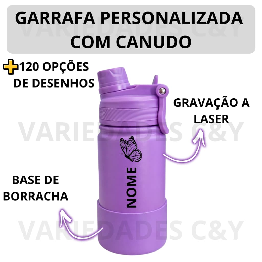 Garrafa Térmica Infantil Inox 350ml Personalizada com Canudo para Escola Lancheira