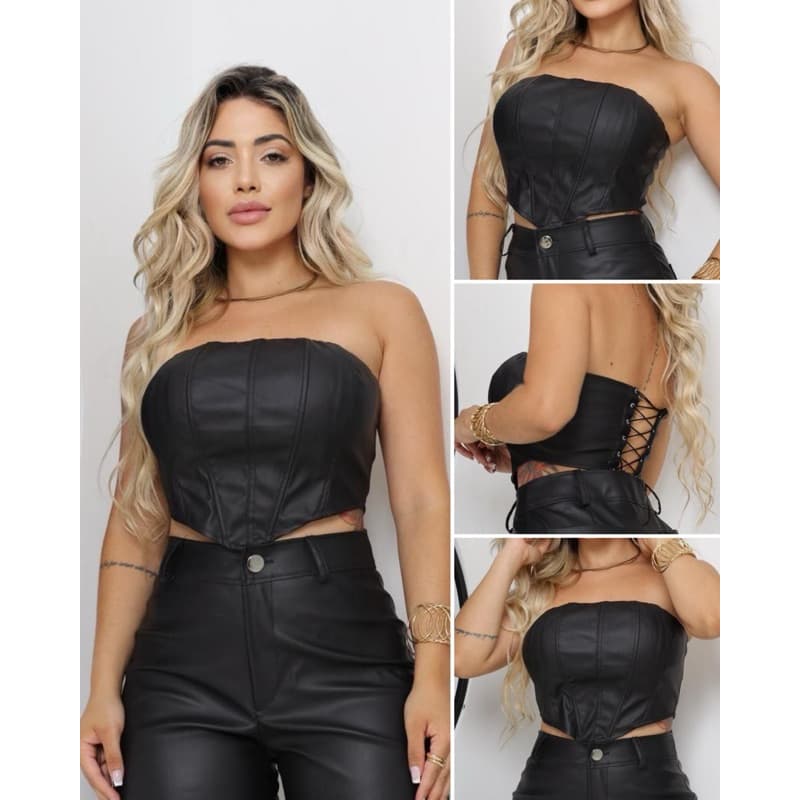 Cropped Feminino Corselet Couro Cruzado Atrás