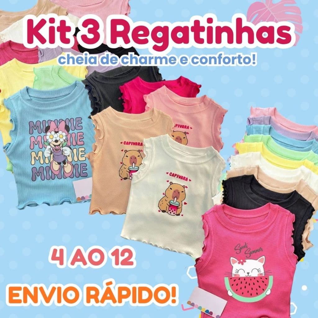 Kit Regatas Infantil Menina com 3 blusinhas básicas Essencial para o dia a dia / Com estampas em DTF Regata Infantil