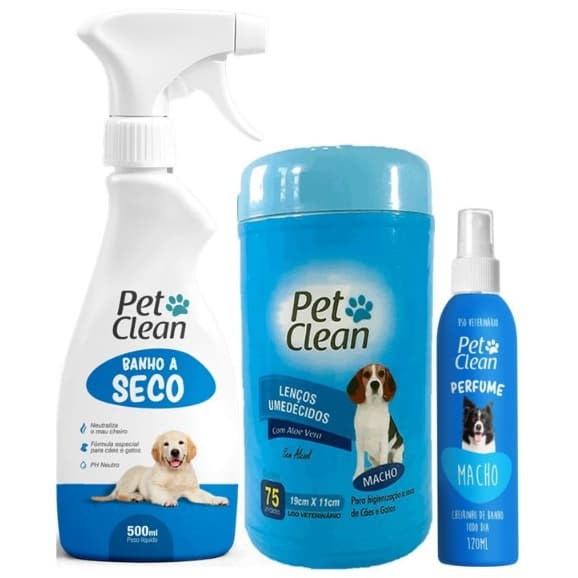 Kit Higiene Cães Macho: Banho a Seco 500ml + Lenços 75un + Perfume Macho 120ml Pet Clean - Limpeza Prática e Cheiroso