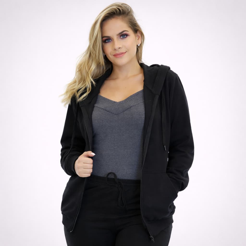 Blusa De Frio Moletom Ziper Feminino Canguru Ribana Estiloso Capuz Quente