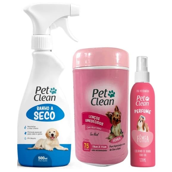 Kit Higiene Pet Fêmea: Banho a Seco 500ml + Lenços 75un + Perfume Fêmea 120ml Pet Clean - Limpeza Prática e Cheirosa