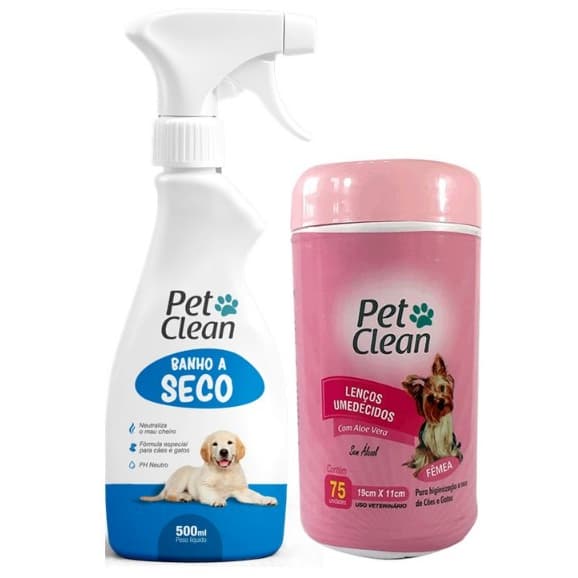 Kit Limpeza Pet Fêmea: Banho a Seco 500ml + Lenços Umedecidos 75un Pet Clean - Higiene Sem Água