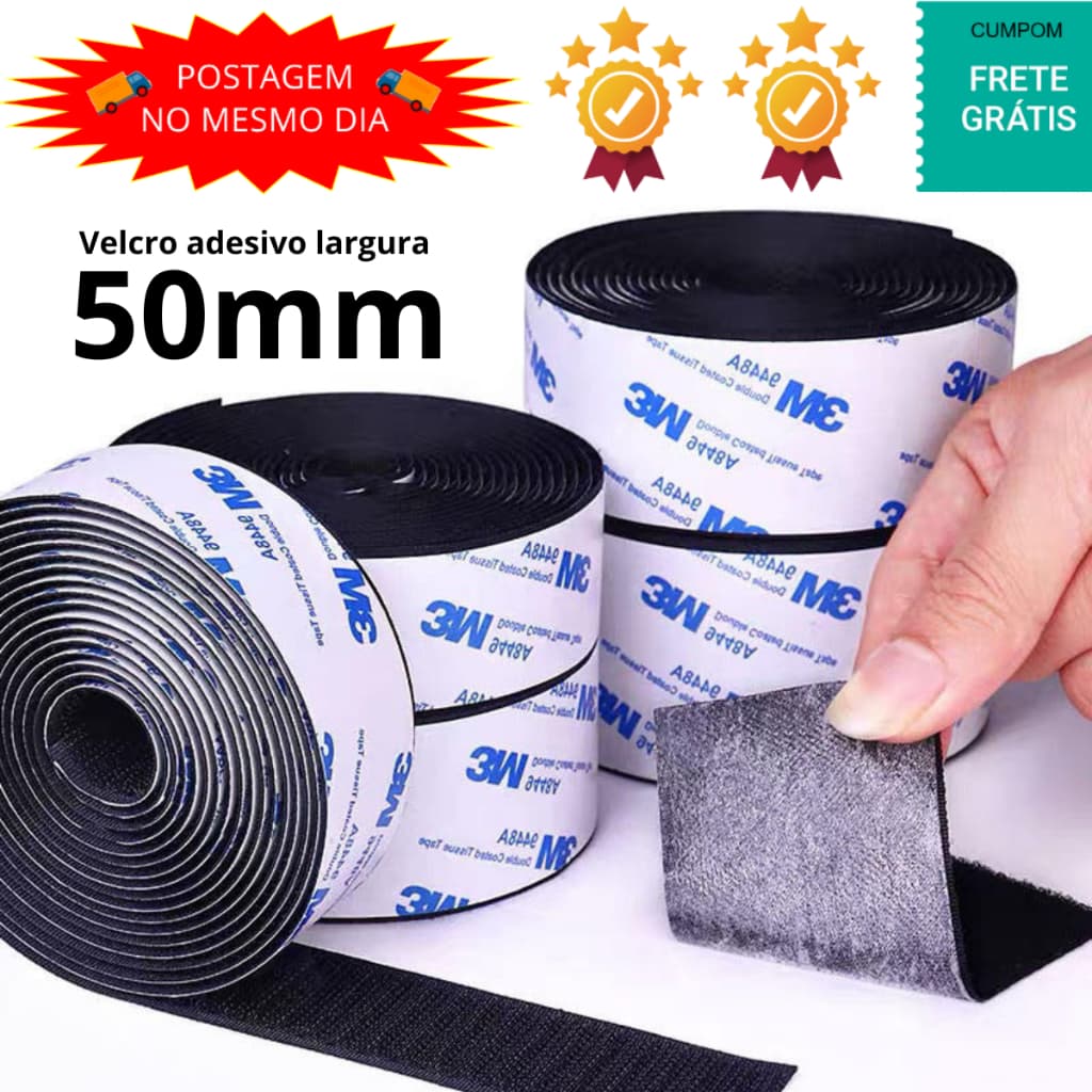 Velcro Adesivo 50mm Preto ATACADO Fita Autoadesiva Organizador de Cabos, Tela mosquiteira, Pendurar Controle