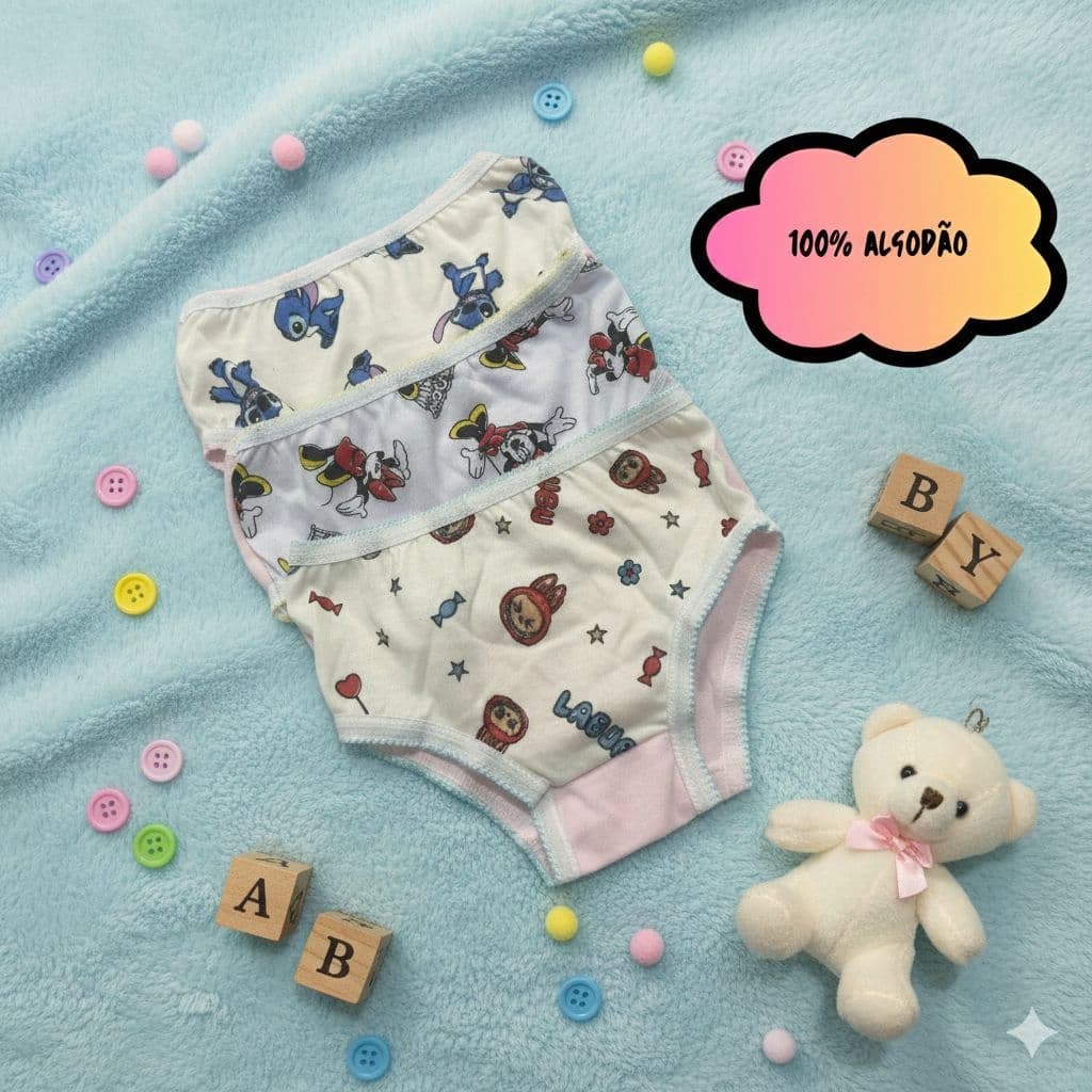 Kit 20 Calcinha Infantil de Algodão com Forro (ESTAMPAS ALEATÓRIAS)