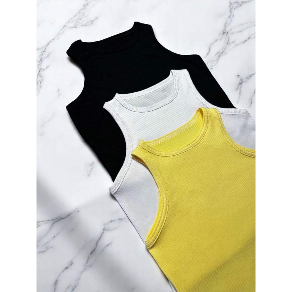 Kit com 3 Cropped Amarelo Branco Preto Kit com Tres Croped