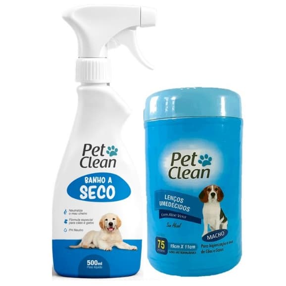 Kit Limpeza Pet: Banho a Seco 500ml + Lenços Umedecidos 75un Pet Clean - Higiene Sem Água