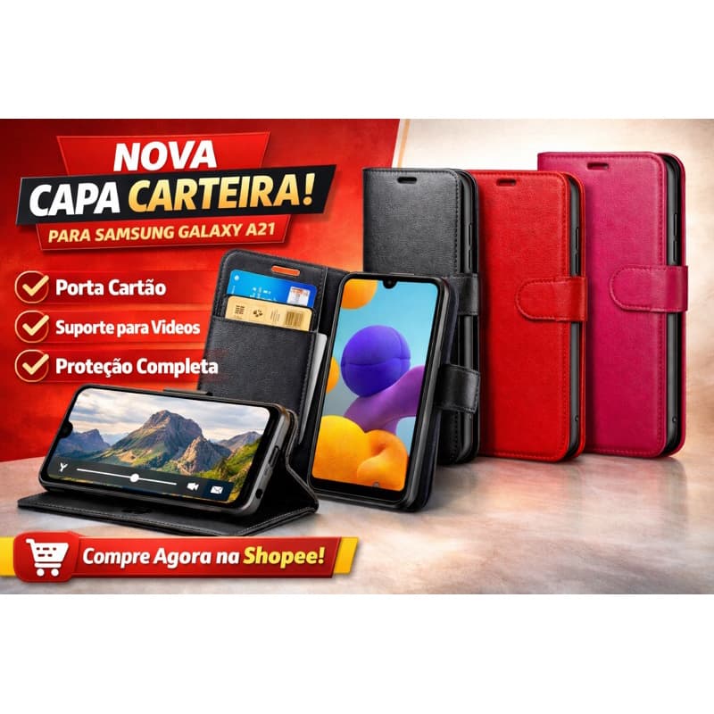 Capa Carteira Samsung Galaxy A21 Flip Case Premium com Suporte + Porta Cartão Proteção Total
