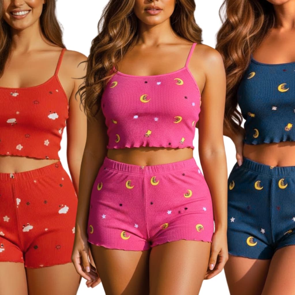 Pijama Blogueirinha Baby Doll Cropped Suede Canelado Lycra Ondinha Short Doll Feminino de Dormir Linha Noite