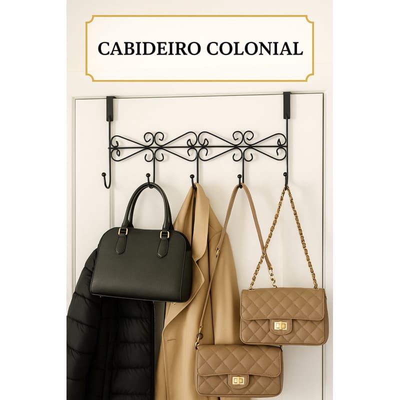 Cabideiro de porta para bolsas e casacos com 5 ganchos e 38 cm comprimento.
