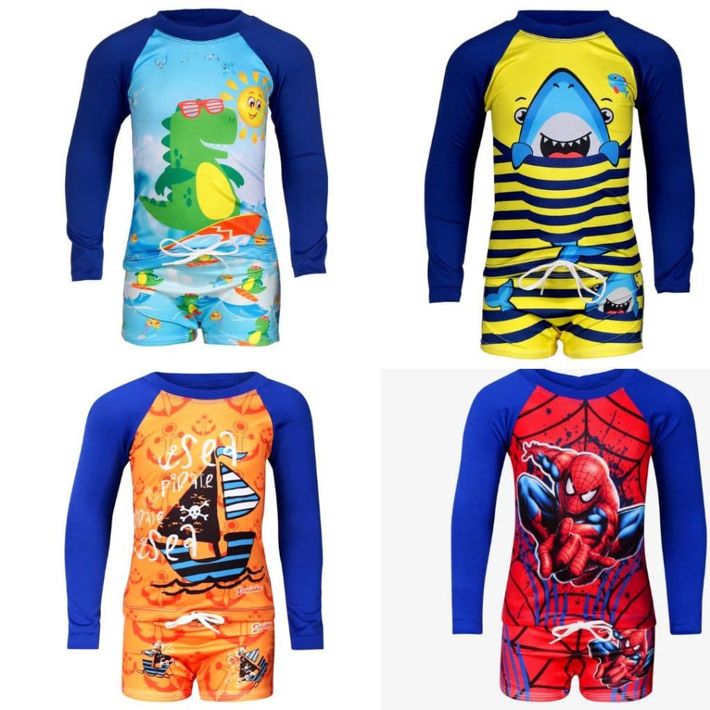 Conjunto de Banho Masculino Infantil Com proteção Uv Personagens Kit roupa de Natação Criança Férias