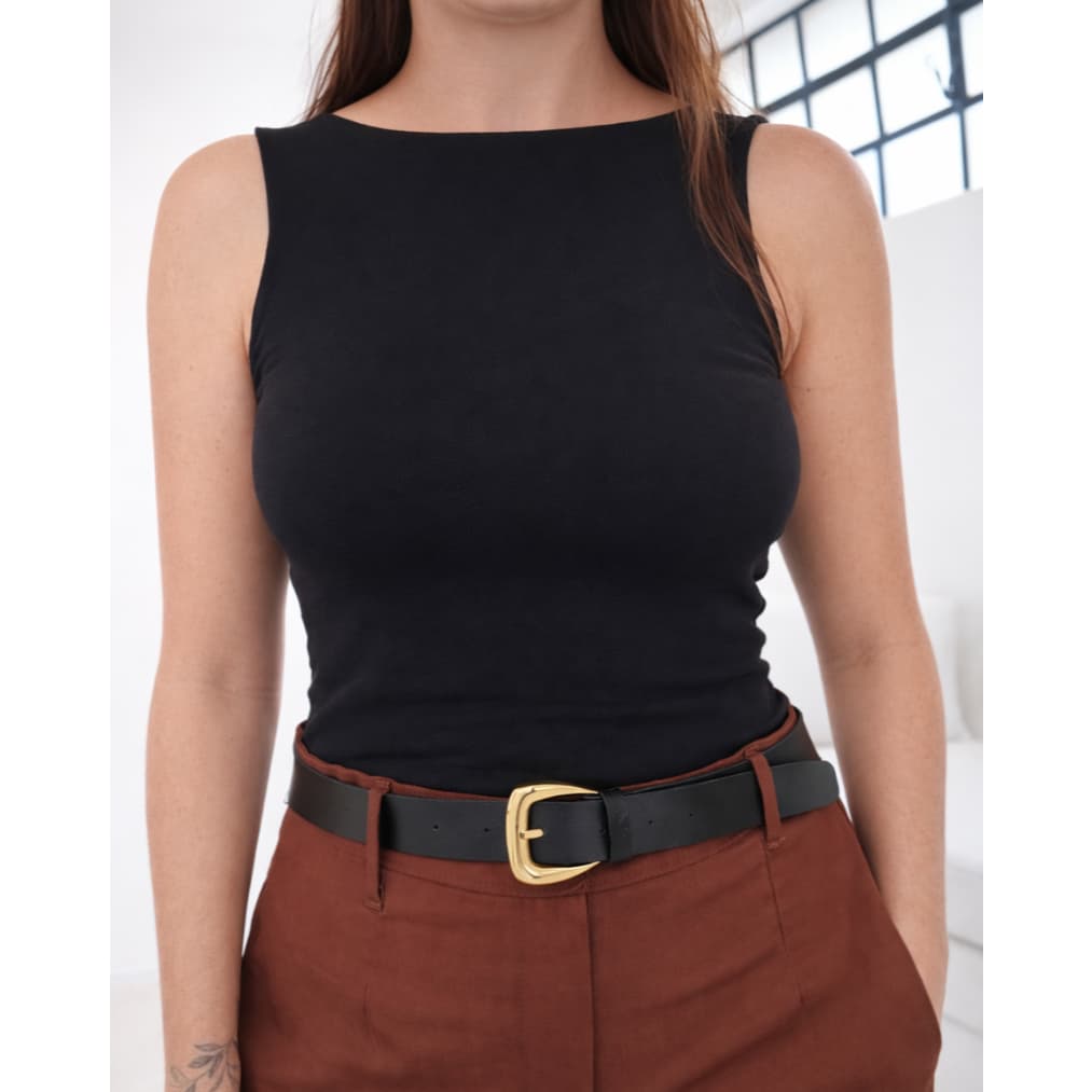 Cinto Feminino Largo 3cm Preto Fivela Dourada Elegante