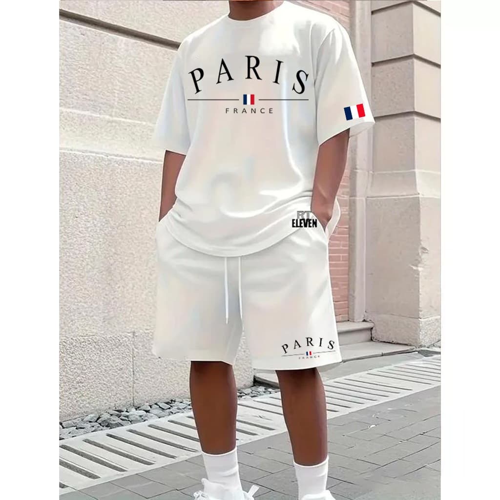 Conjunto Camiseta + Short Paris França Kit Camisa e Bermuda Tactel Com Bolso Atrás Mauricinho Moda Praia Academia Verão