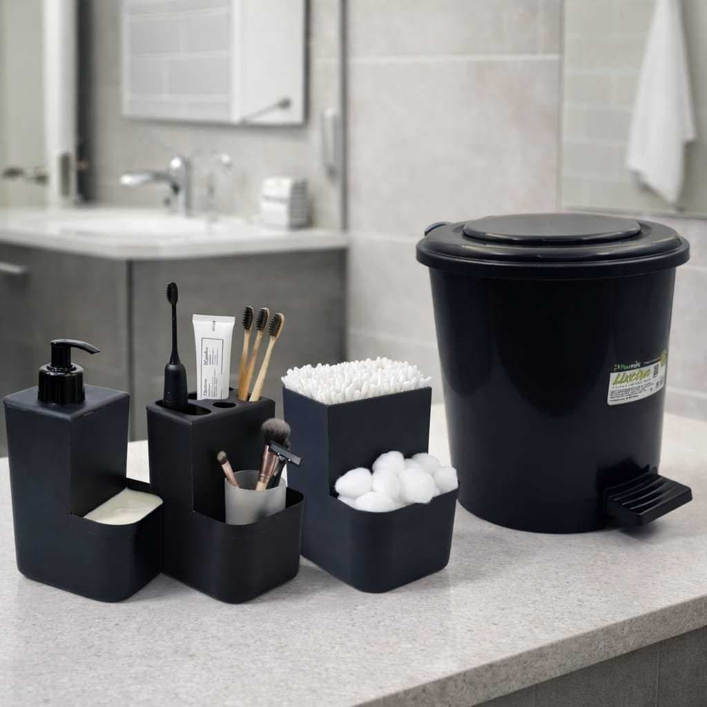 Kit 4 Pecas Banheiro Com 1 Lixeira 7,5 Litros  + Porta Algodao + Porta Sabonete Liquido Esponja + Porta Escova Dentes