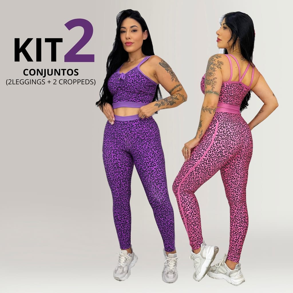 Kit 2 Conjuntos Fitness de Academia com Calça e Cropped