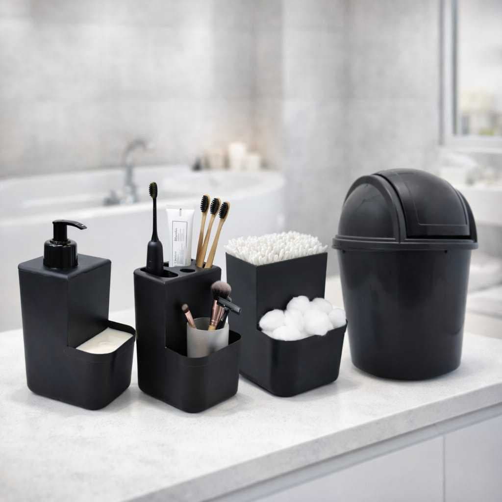 Kit Banheiro 4 Pecas Com Lixeira 2,4 Litros + Porta Algodão + Porta Escovas Pastas + Porta Sabonete Liquido E Esponja