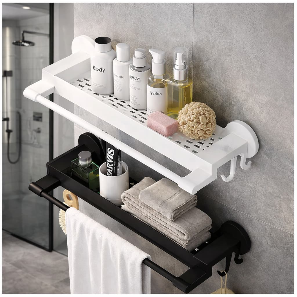 Suporte de Parede com Ganchos e Porta-Toalha Adesivo – Organização Banheiro Cozinha Preto Branco