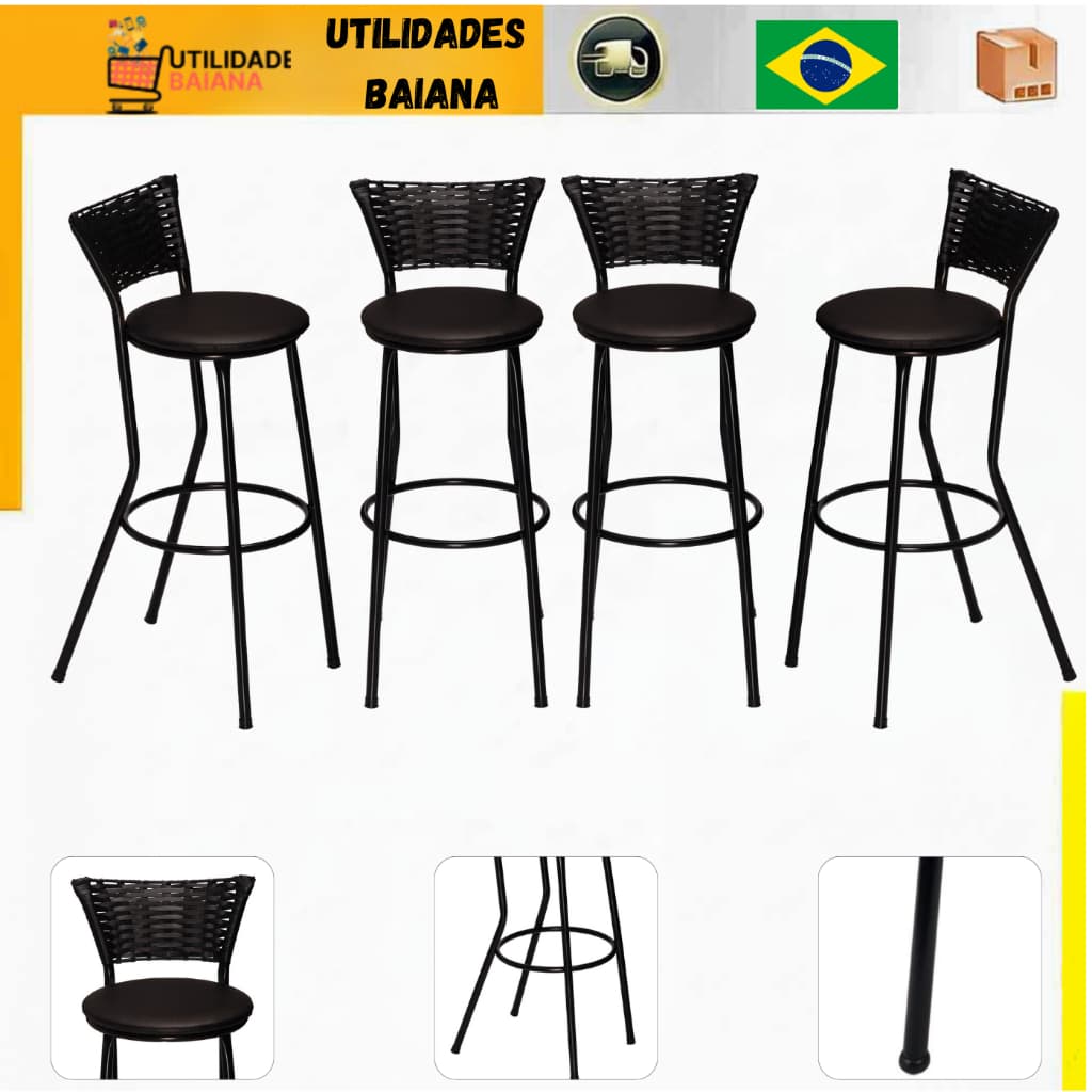 Kit 4 Banqueta Americana Alta Flex Junco Preto Bar Bistro Fibra Sintetica