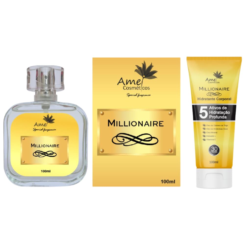 Kit Perfume e Hidratante Masculino Millionaire Amei Cosméticos Alta Fixação Essência Importada