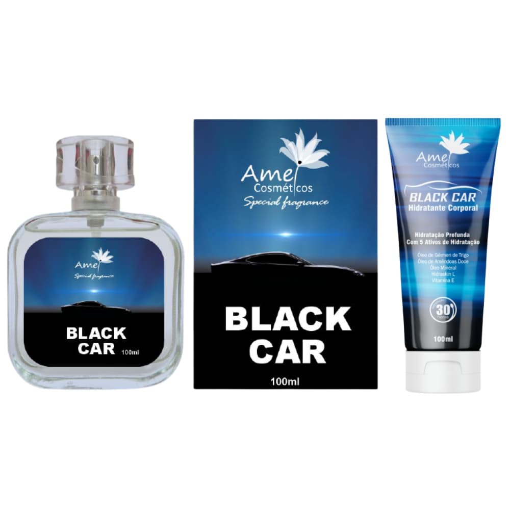 Kit Perfume e Hidratante Masculino Black Car Amei Cosméticos Alta Fixação Essência Importada