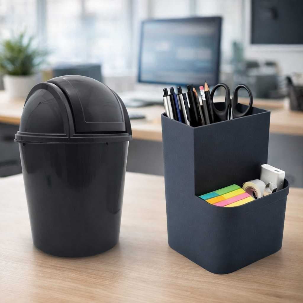 Kit Escritorio Com 2 Pecas Com Porta Trecos Canetas Lápis  + Lixeira 2,4 Litros Com Tampa Basculante Mesa Organização