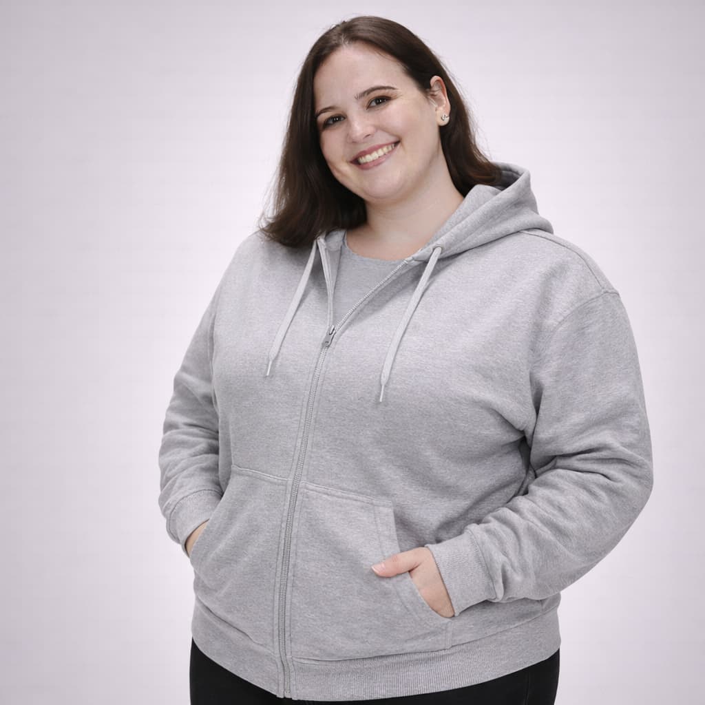 Moletom Plus Size Feminino com Capuz Casaco Aberto com Zíper Canguru Estilo Jaqueta Básico Liso Flanelado Felpado