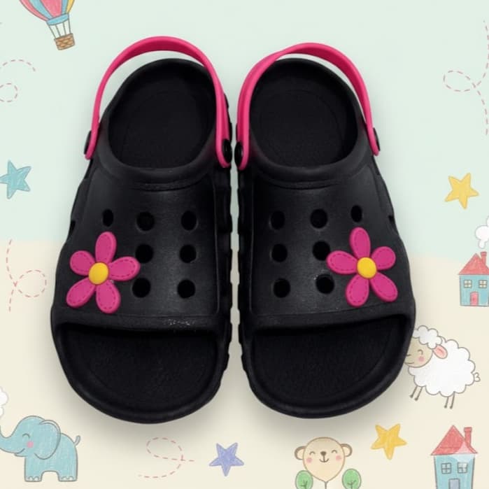 Papete Feminina Preta Infantil Sandália Leve Menina Doce Flor Rosa Delicado Confortável Tira Gliter ou Rosa