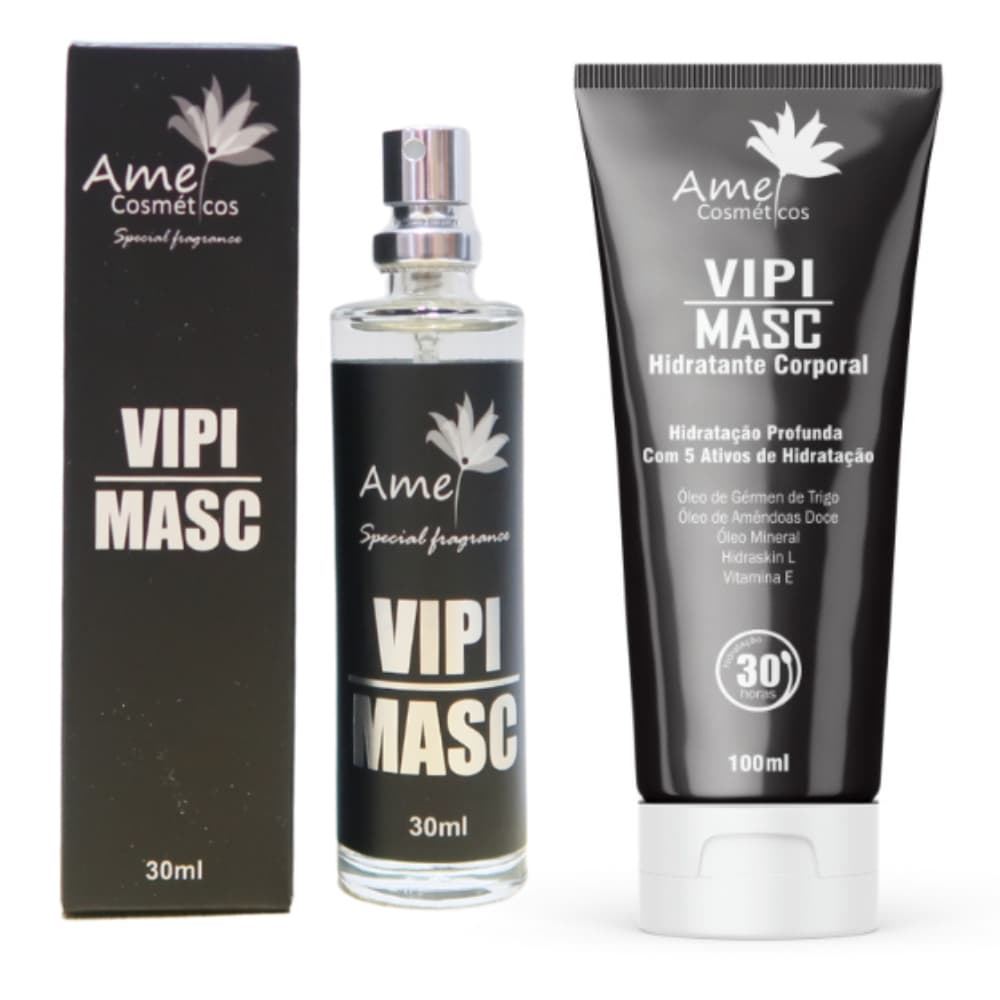 Kit Perfume e Hidratante Masculino Vipi Masc Amei Cosmeticos Alta Fixação Essência Importada