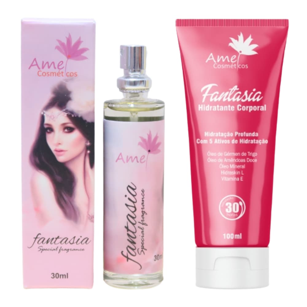 Kit Perfume e Hidratante Feminino Fantasia Amei Cosméticos Alta Fixação Essência Importada