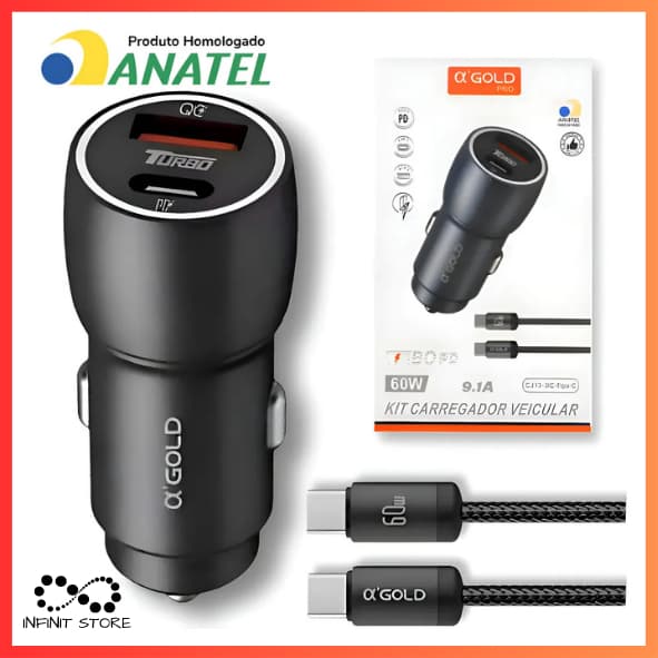 Kit Carregador Veícular Turbo 60W Com Entrada PD + USB-C Cabo Tipo-C/Tipo-C ou Tipo-C/Lightning Para Android e IPhone