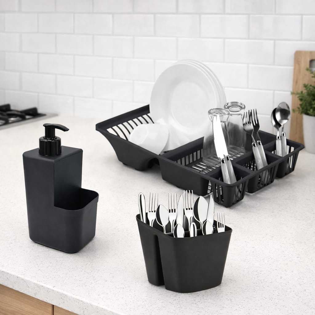 kit Cozinha 3 Pecas Com Escorredor Louças + Porta Talheres Com Divisorias + Porta Detergente Dispenser  E Porta Esponja