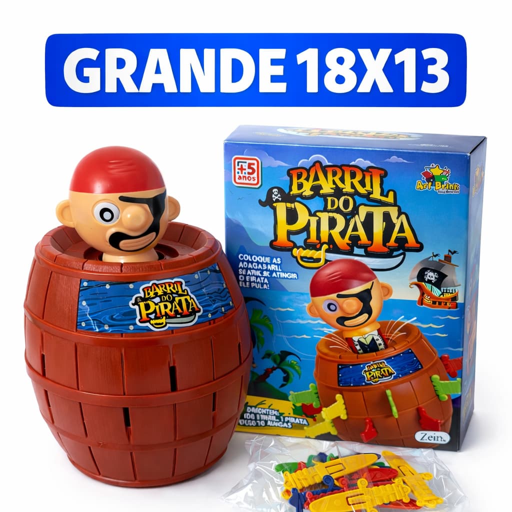 Jogo Pula Pirata Art Brink Barril Grande 18x13cm com 16 Espadas Brinquedo Infantil