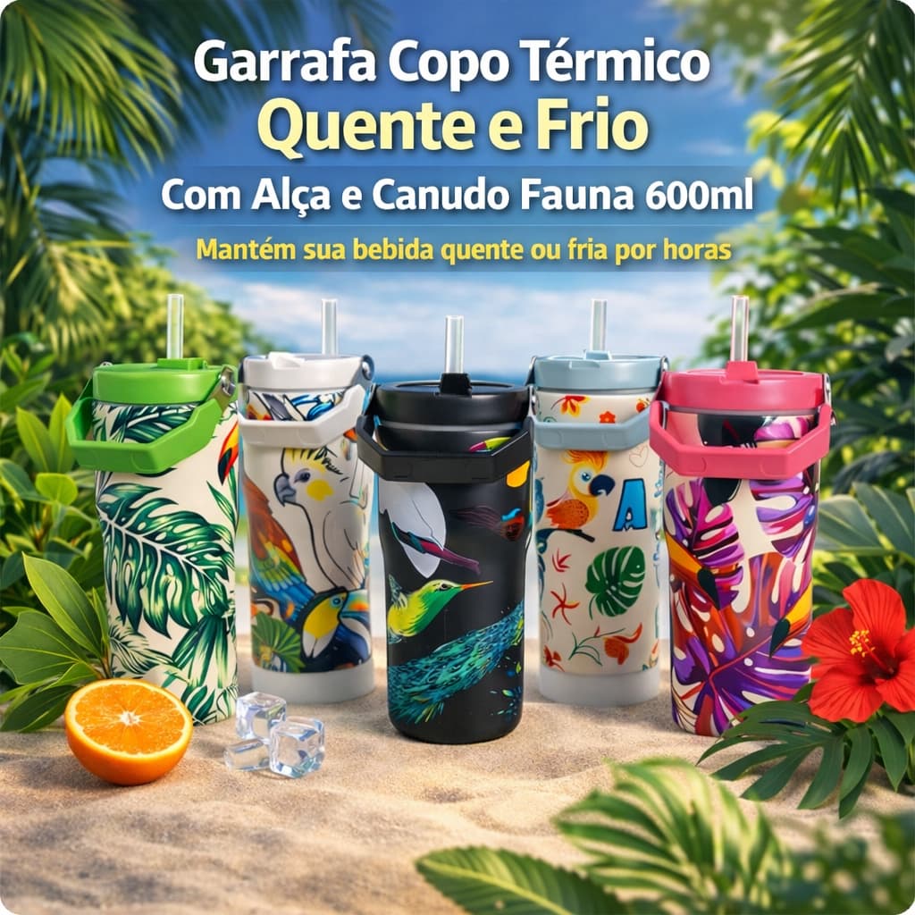 Garrafa Térmica 600ml com Alça e Canudo – Copo Inox Quente e Frio Estampa Fauna