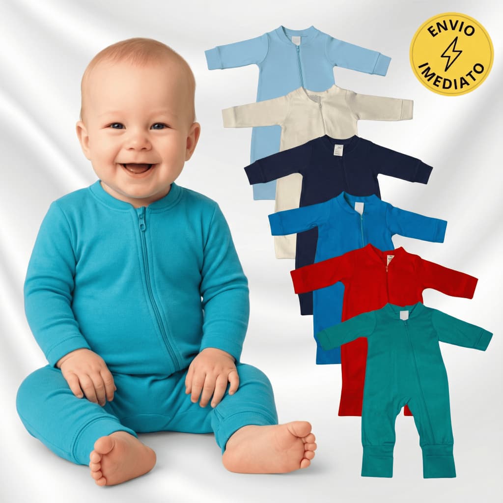 Kit 3 Macacões Zíper Menino Liso Bebê Algodão Vira Pé Inverno Infantil Macio Macacão