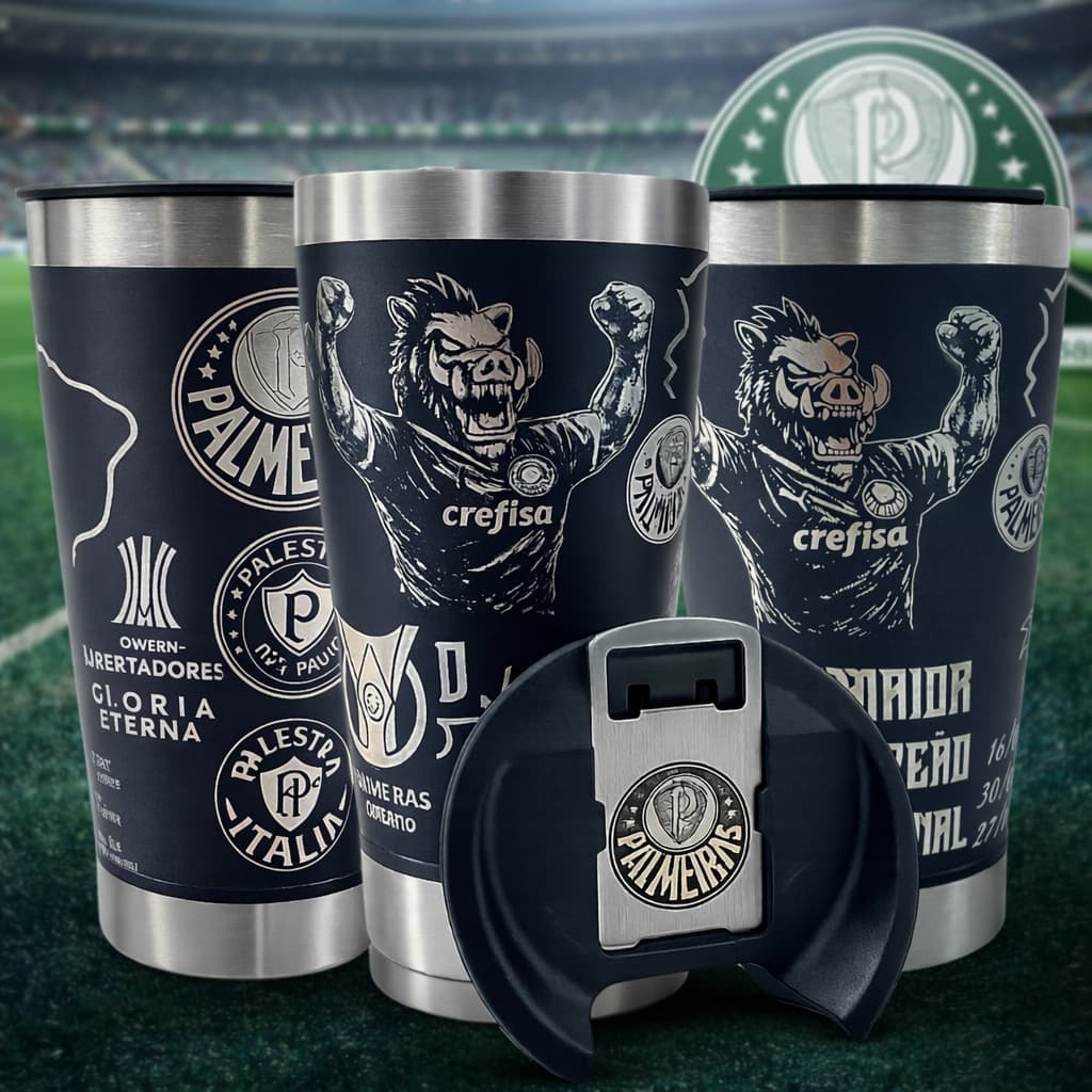 Copo Termico Inox 473ML + Tampa e abridor Personalizado Time Palmeiras