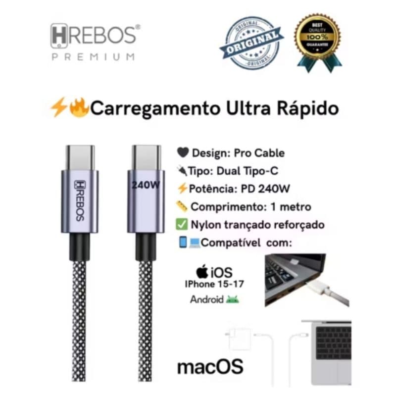 Cabo USB-C para USB-C Hrebos Premium – 240W | 1 Metro