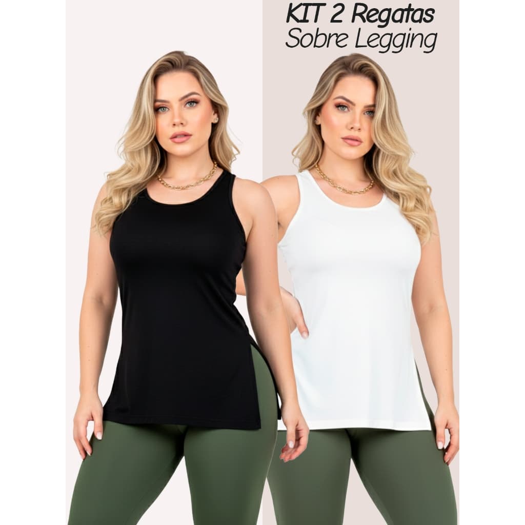 KIT 2 Regata Feminina Fenda Camiseta Sobre Legging Tapa Bumbum Academia Caminhada Casual Básica