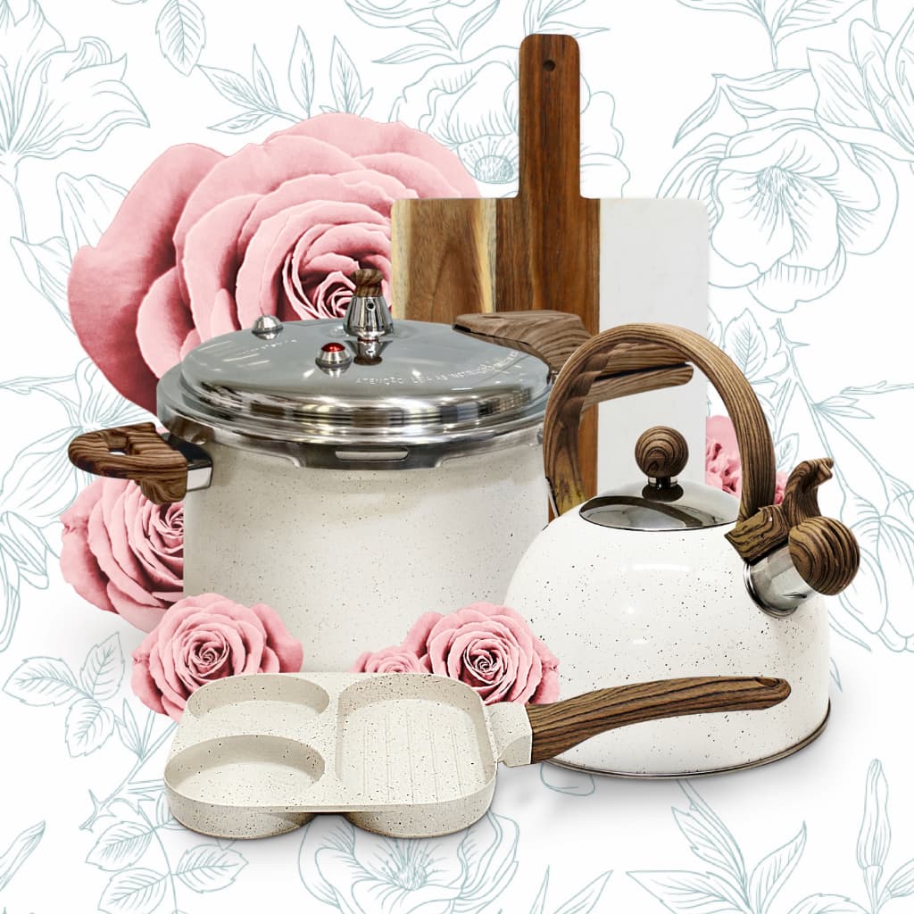 Jogo De Panela De Pressão Mimo Style 6.8l + Chaleira + Frigideira 3em1 + Tábua Mármore 4pc
