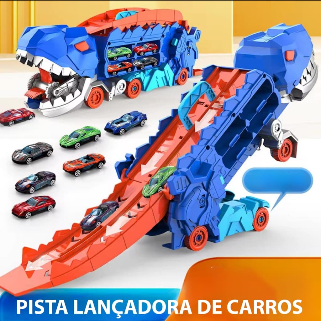 Brinquedo Caminhão Dinossauro Pista Lançadora + 4 Carrinhos Liga Metalica