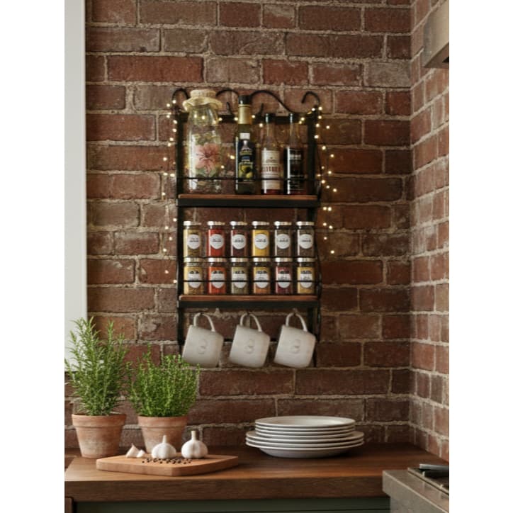 Suporte Temperos e Xícaras Rústico Ferro e Madeira 3 Ganchos Organizador Cozinha Gourmet Parede 62CM