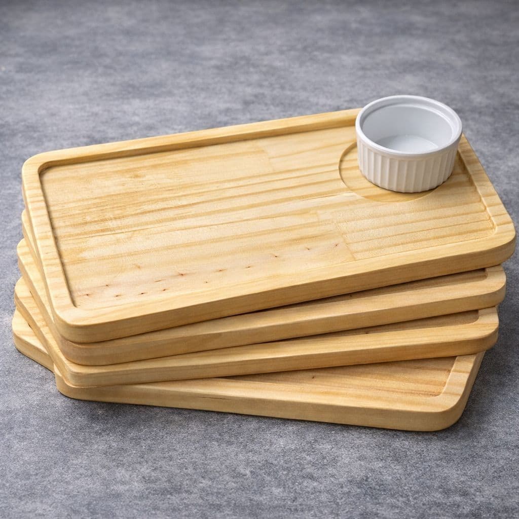 Kit Petisqueira Madeira com Molheira Servir Sushi Porções Petisco 26,5 x 13,5cm